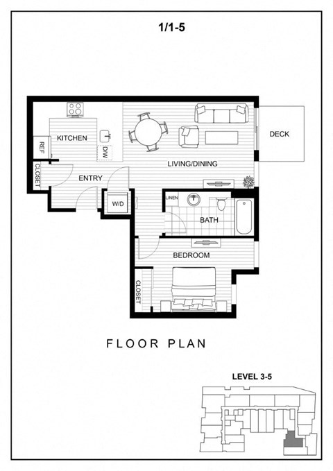 Floor plan for 1 bed, 1 bath, 671 sqft